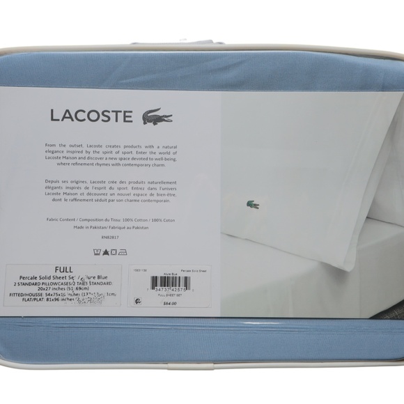 Lacoste 100% Cotton Percale Solid Sheet Set Full Allure Blue - Picture 2 of 6